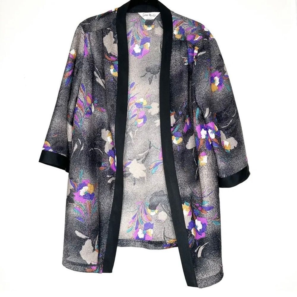 Vintage Edith Martin California Open Front Sheer Metallic Floral Cardigan Shaw